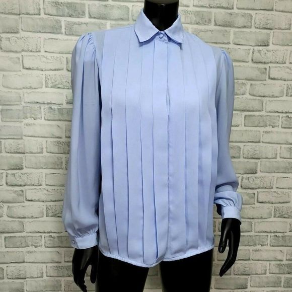 Vintage 80s Partners for Mervyns S/M‎ Periwinkle Pleated Button Front Blouse - Picture 1 of 6